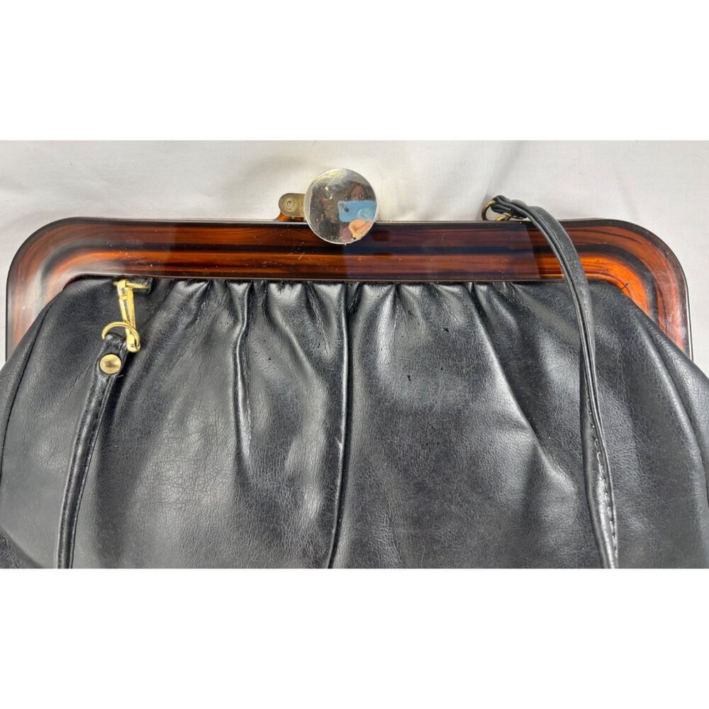 Vintage Black Leather Handbag With Tortoiseshell Frame & Gold Clasp Closure - Picture 2 of 7